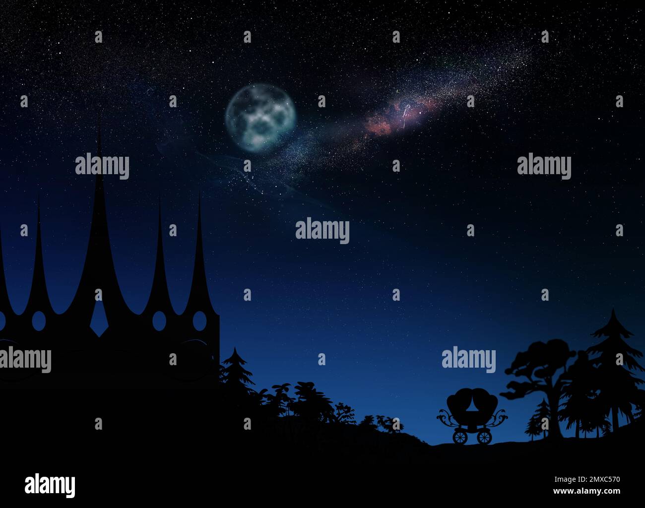 Mondo di fiaba. Magnifico castello sotto cielo stellato con luna piena di notte Foto Stock