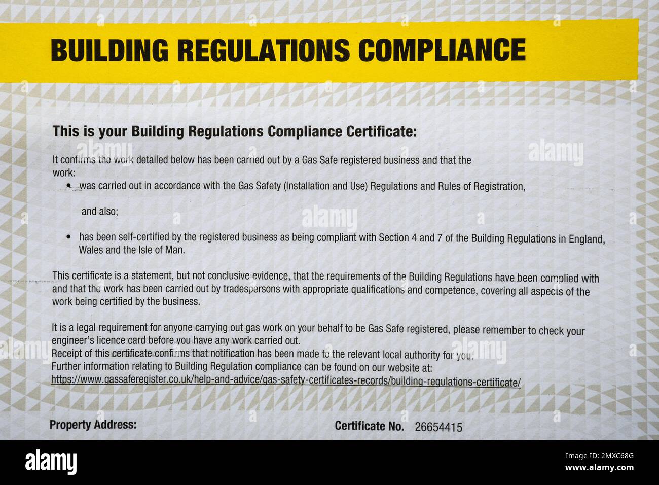 Building Regulations Compliance Certificate, a conferma che il lavoro è stato svolto da un ingegnere addetto alla sicurezza del gas, Inghilterra, Regno Unito Foto Stock