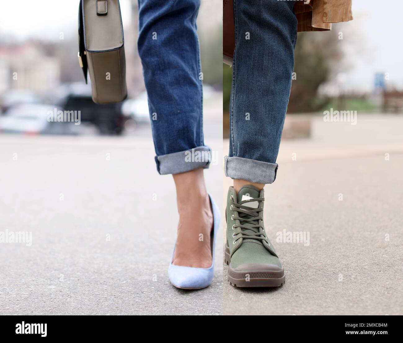 Donna in scarpe diverse, primo piano. Concetto di equilibrio tra lavoro e vita Foto Stock