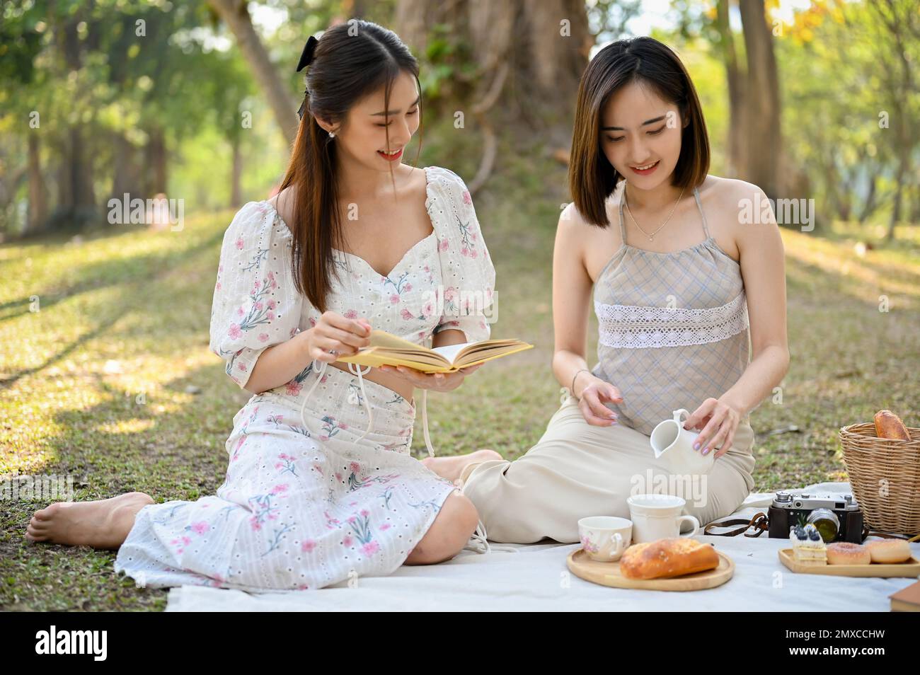 Due affascinanti e belle giovani donne asiatiche in bei vestiti che hanno un tè pomeridiano nel parco insieme, godersi picnic, leggere libro A. Foto Stock