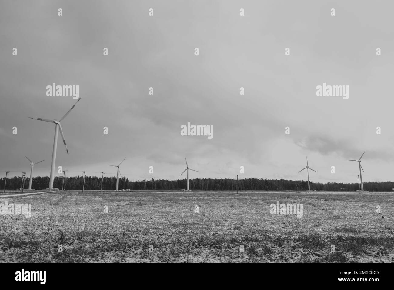 azienda agricola o parco eolico, con turbine eoliche ad alto livello per la generazione di energia elettrica. Concetto di generazione di energia verde. Sviluppo sostenibile, rinnovabile it Foto Stock