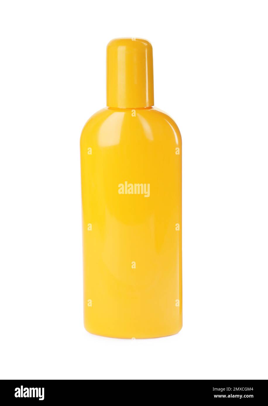 Bottiglia con lozione solare isolata su bianco Foto Stock