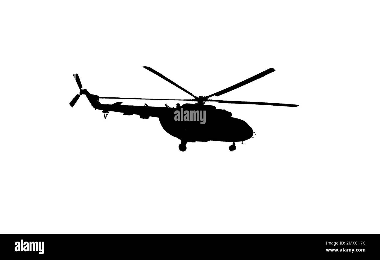 Silhouette di elicottero dell'esercito isolato su bianco. Macchine militari Foto Stock