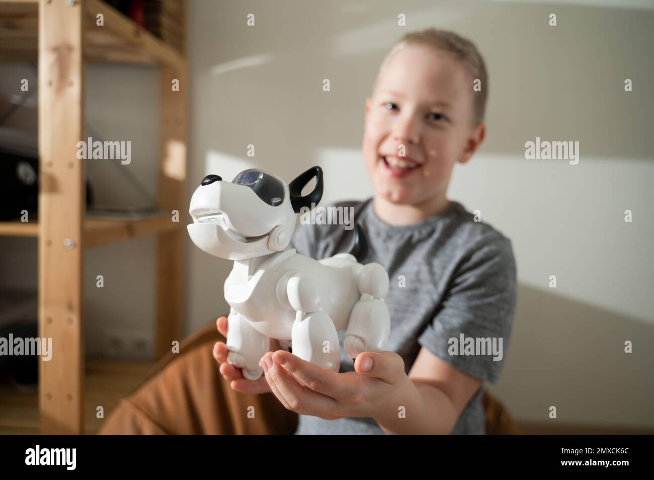 Ragazzo che gioca con un cane robotico, mostrando l'animale alla telecamera Foto Stock