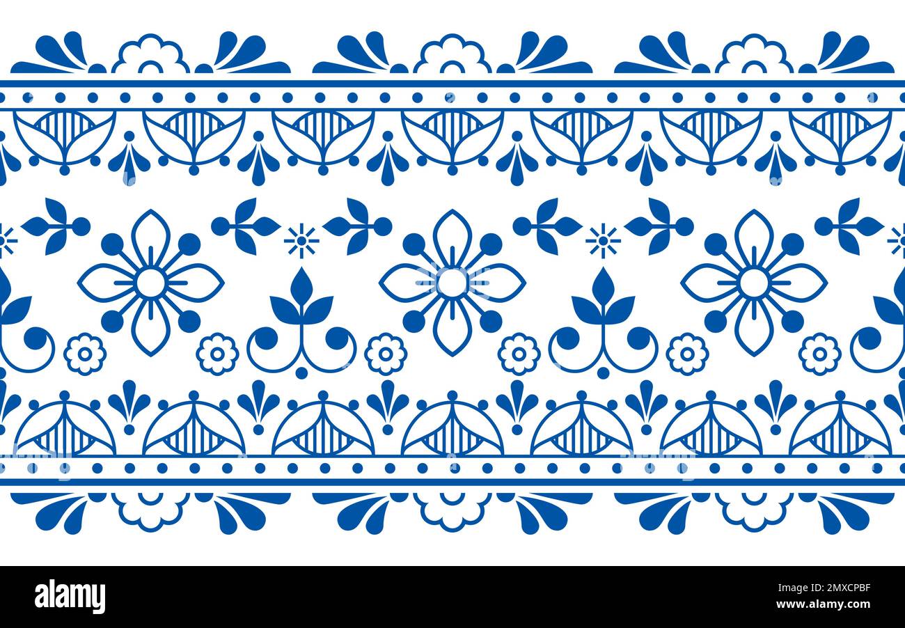 Scandinavian folk art contorno vettoriale lungo orizzontale orientato senza cuciture textile o tessuto modello di stampa, blu navy retro design con fiori Illustrazione Vettoriale
