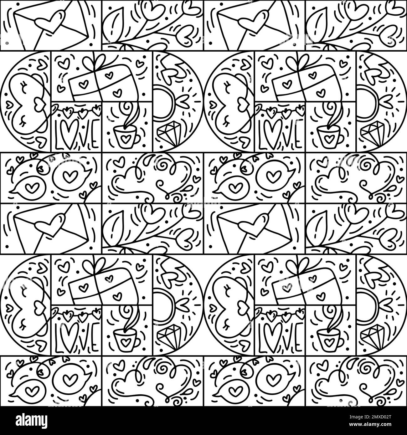 San Valentino logo vettore senza cuciture motivo linea amore, busta, nuvola, cuore e confezione regalo. Costruttore monolino disegnato a mano per un romantico biglietto d'auguri Illustrazione Vettoriale