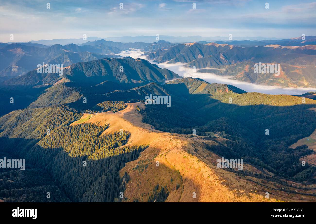 Fotografia aerea di paesaggi. Splendida vista estiva dal drone volante della catena montuosa di Sheshul. Colorata vista mattutina dal drone volante di Carpazi Foto Stock