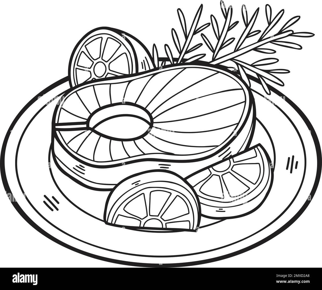 Bistecca di salmone disegnata a mano su un piatto in stile doodle isolato sullo sfondo Illustrazione Vettoriale