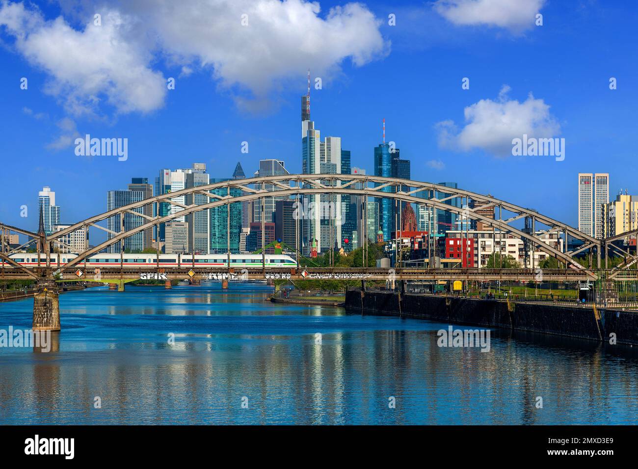 Skyline di Francoforte sul meno con il Deutschherrnbruecke in estate, Germania, Assia, Francoforte sul meno Foto Stock