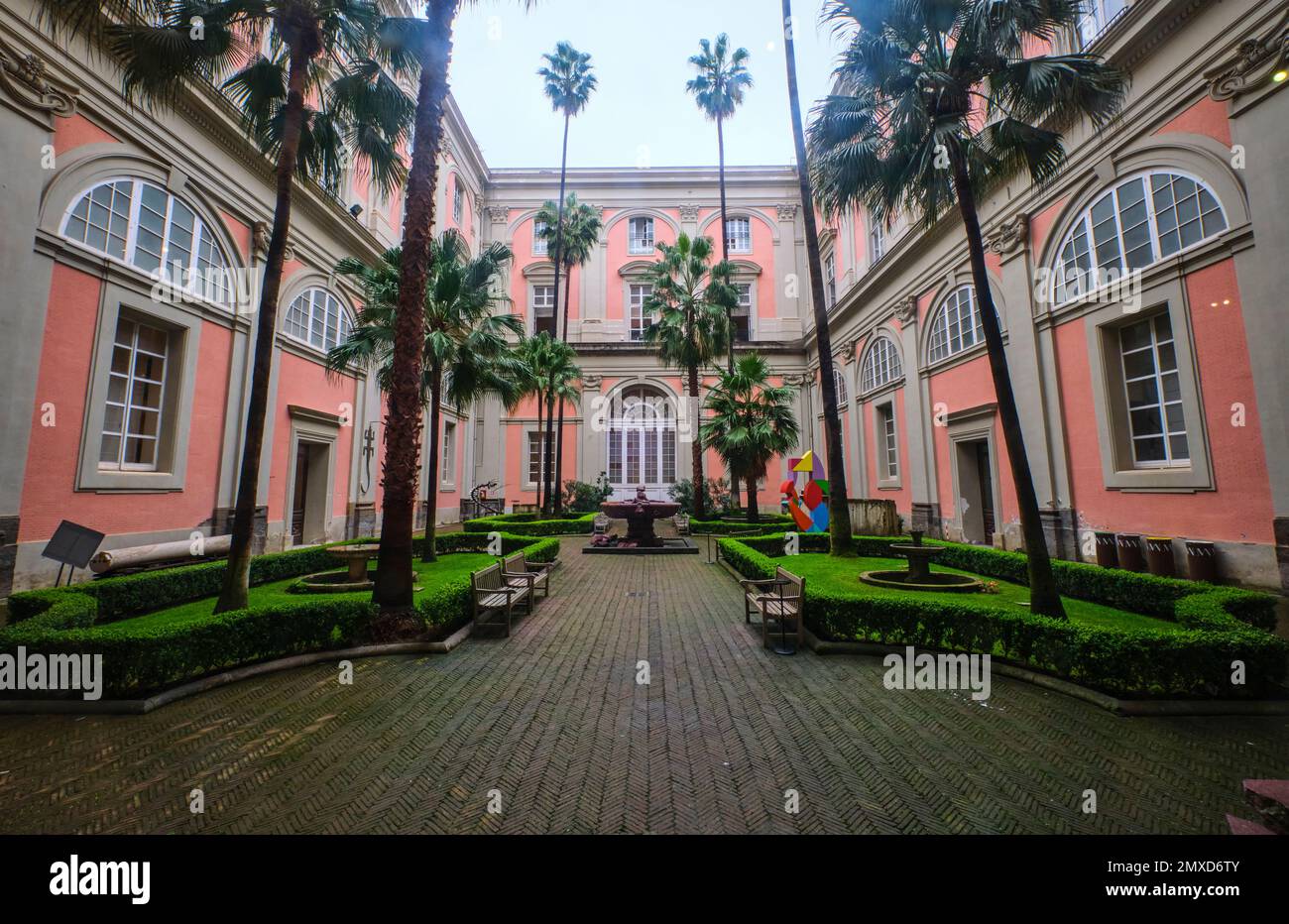 Vista di uno dei cortili interni con palme tropicali. Al Museo Archeologico Nazionale di Napoli. Foto Stock
