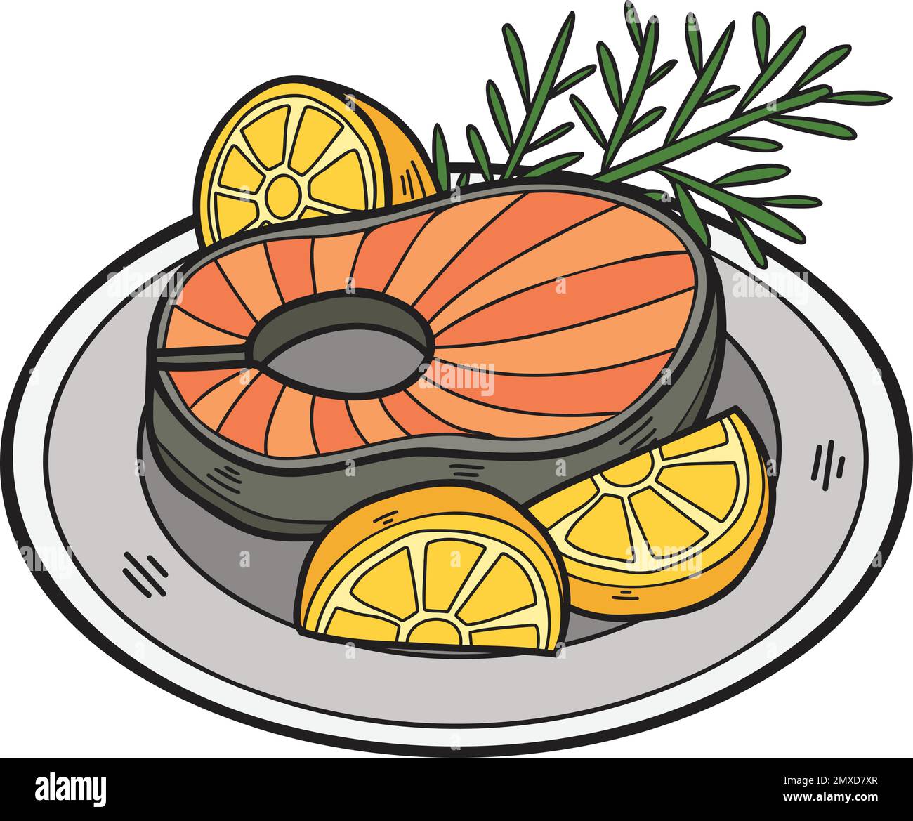 Bistecca di salmone disegnata a mano su un piatto in stile doodle isolato sullo sfondo Illustrazione Vettoriale