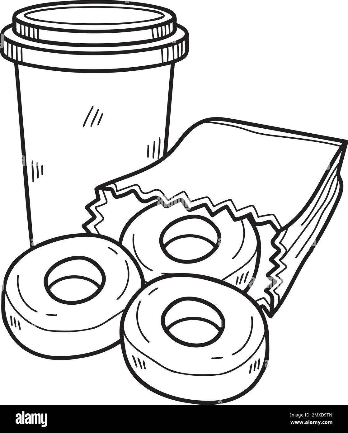 Illustrazione di ciambelle disegnate a mano e tazze di carta in stile doodle isolato sullo sfondo Illustrazione Vettoriale