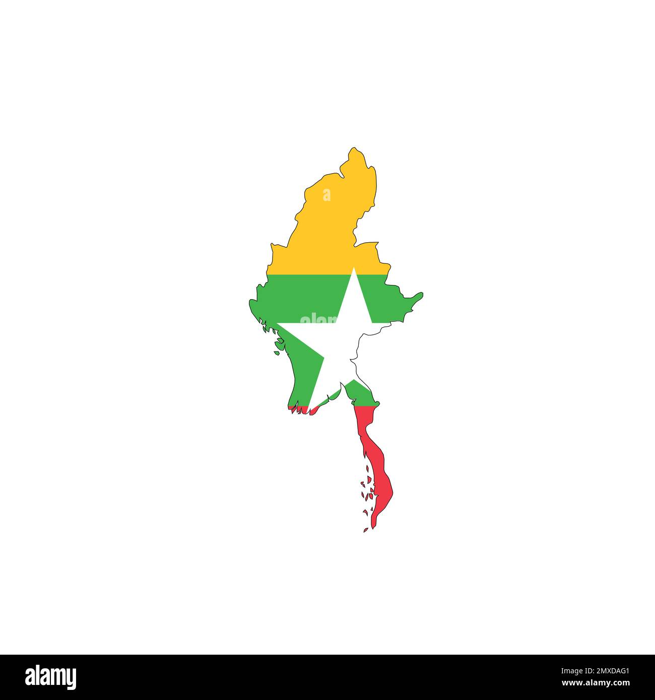 Birmania, bandiera nazionale del Myanmar sotto forma di mappa del paese Illustrazione Vettoriale