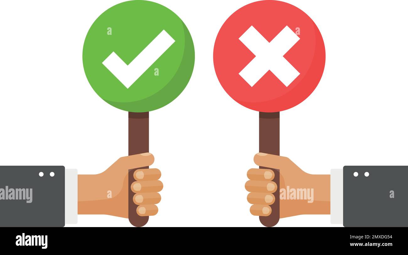 Icona con cartello con le mani in stile piatto. Illustrazione corretta e errata del vettore di feedback su sfondo isolato. Sì, nessun concetto di affari del segno. Illustrazione Vettoriale