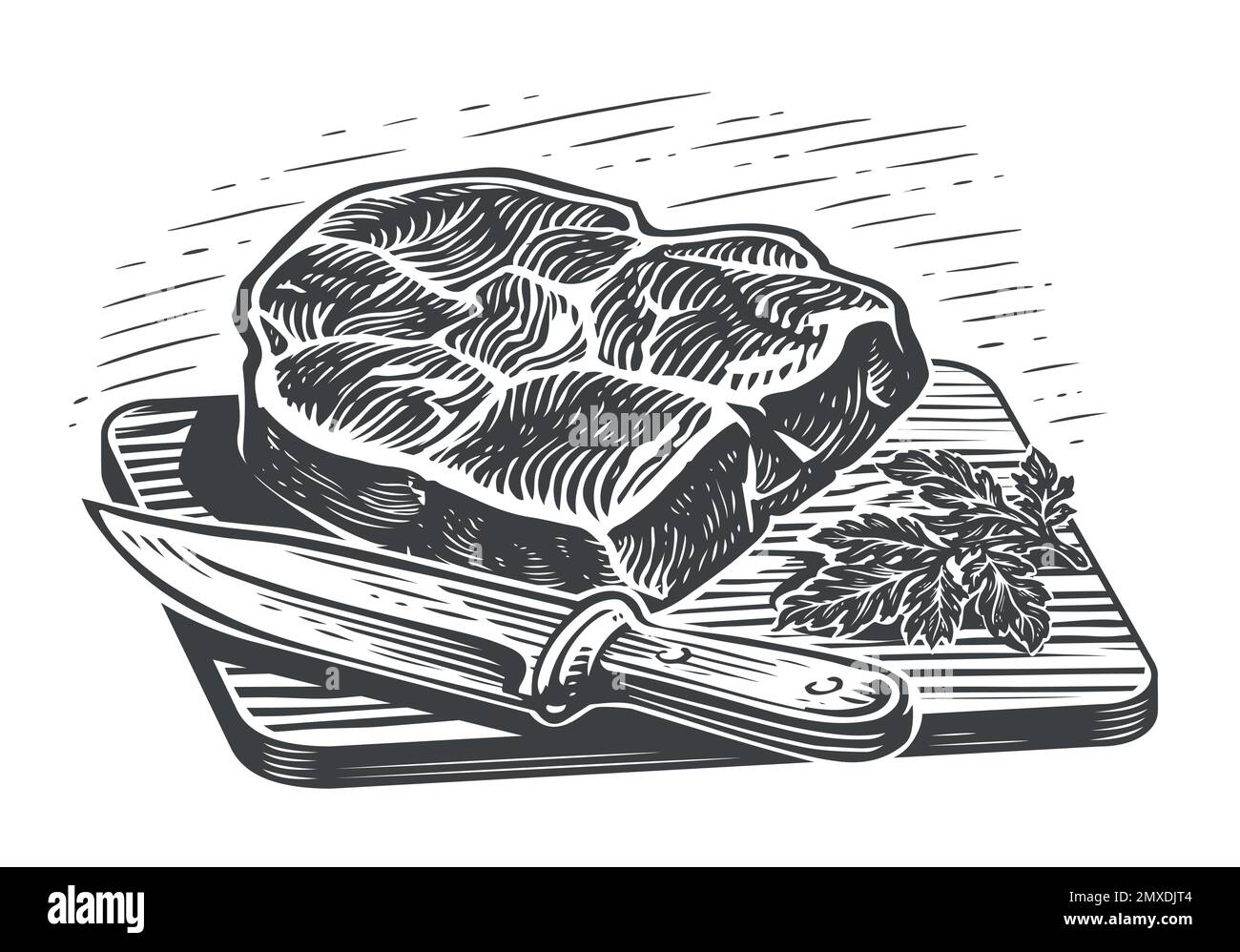 Carne cruda e coltello su tagliere di legno. Griglia cibo, bistecca di manzo, filetto inciso disegno vettore illustrazione Illustrazione Vettoriale