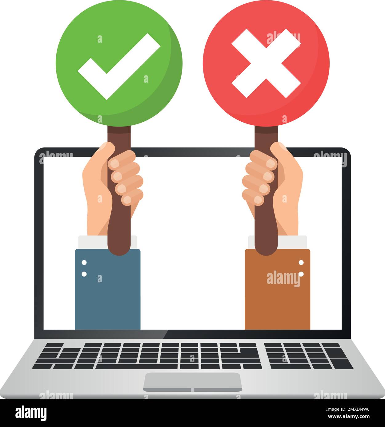 Le mani tengono il cartello con l'icona del computer portatile in stile piatto. Illustrazione corretta e errata del vettore di feedback su sfondo isolato. Sì, nessun segnale busine Illustrazione Vettoriale