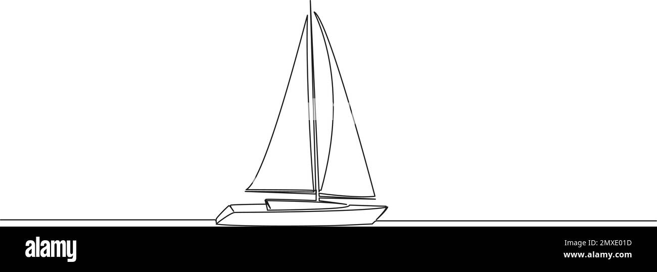 disegno a linea singola continuo della barca a vela sull'acqua, disegno vettoriale della line art Illustrazione Vettoriale