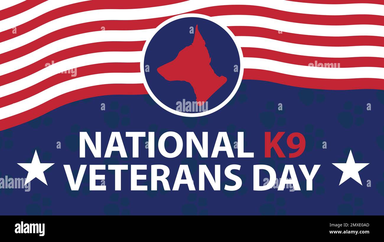 Vector banner design che celebra la Giornata Nazionale dei veterani K9 nel mese di marzo. Nazionale K9 veterani sfondo giorno con la bandiera americana tema colori e simboli. Illustrazione Vettoriale