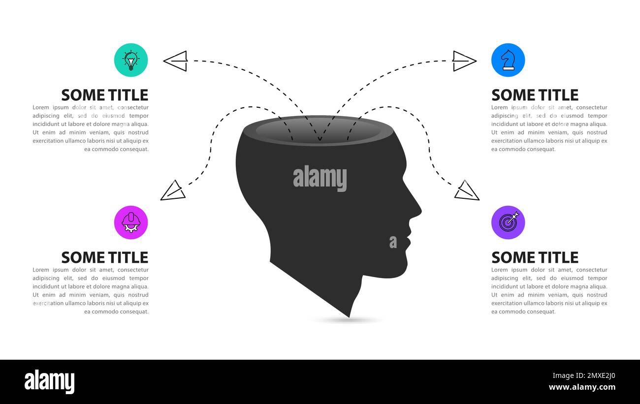 Modello infografico con icone e 4 opzioni o passaggi. Mente aperta. Può essere utilizzato per il layout del flusso di lavoro, il diagramma, il banner, il webdesign. Illustrazione vettoriale Illustrazione Vettoriale