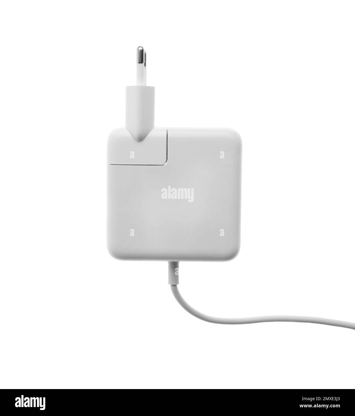 Adattatore di alimentazione per la ricarica della batteria isolato su bianco, vista dall'alto Foto Stock