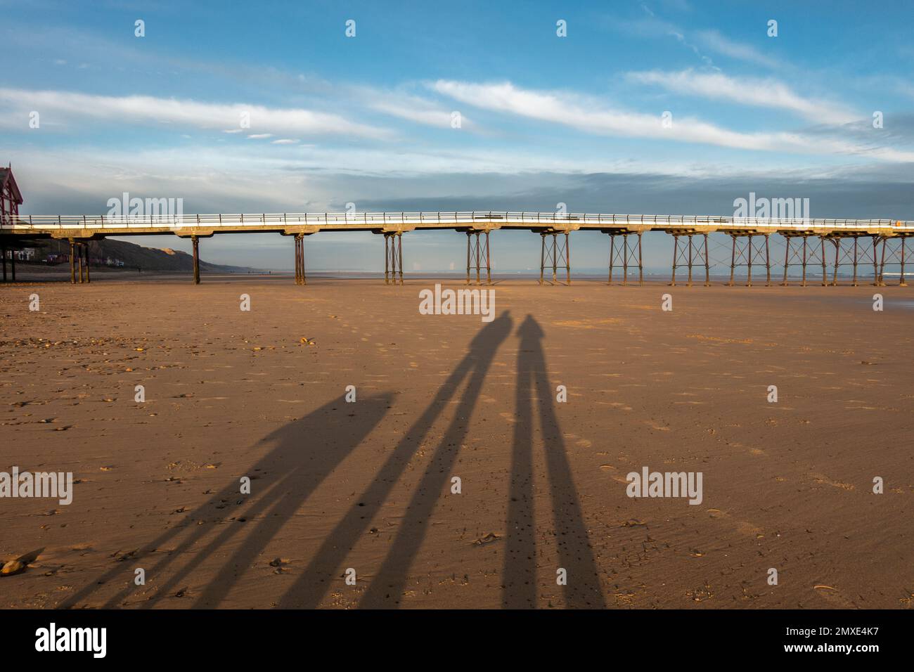 Selfie ombra famiglia con cane a Saltburn-by-the-Sea con il molo e l'ampia spiaggia sabbiosa sotto il cielo blu e il sole. North Yorkshire, Regno Unito Foto Stock