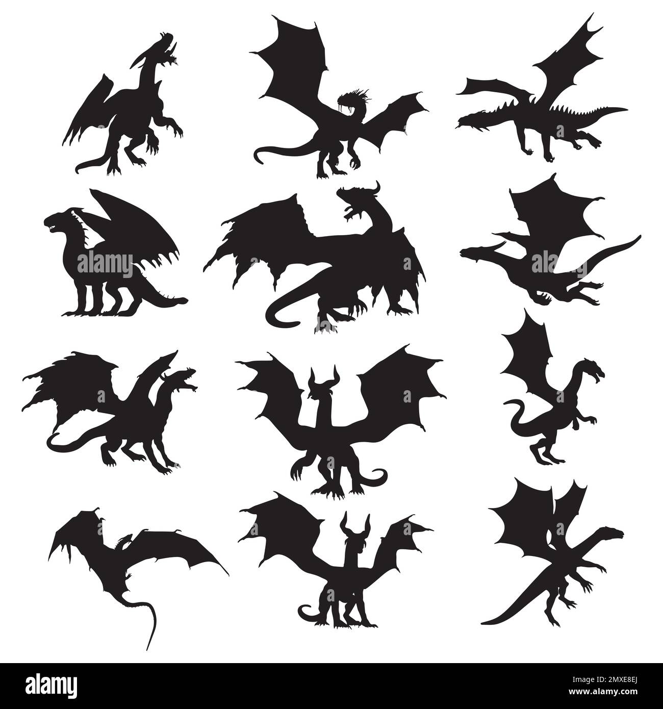 Collezione Dragon Silhouette, set di silhouette Dragon Illustrazione Vettoriale