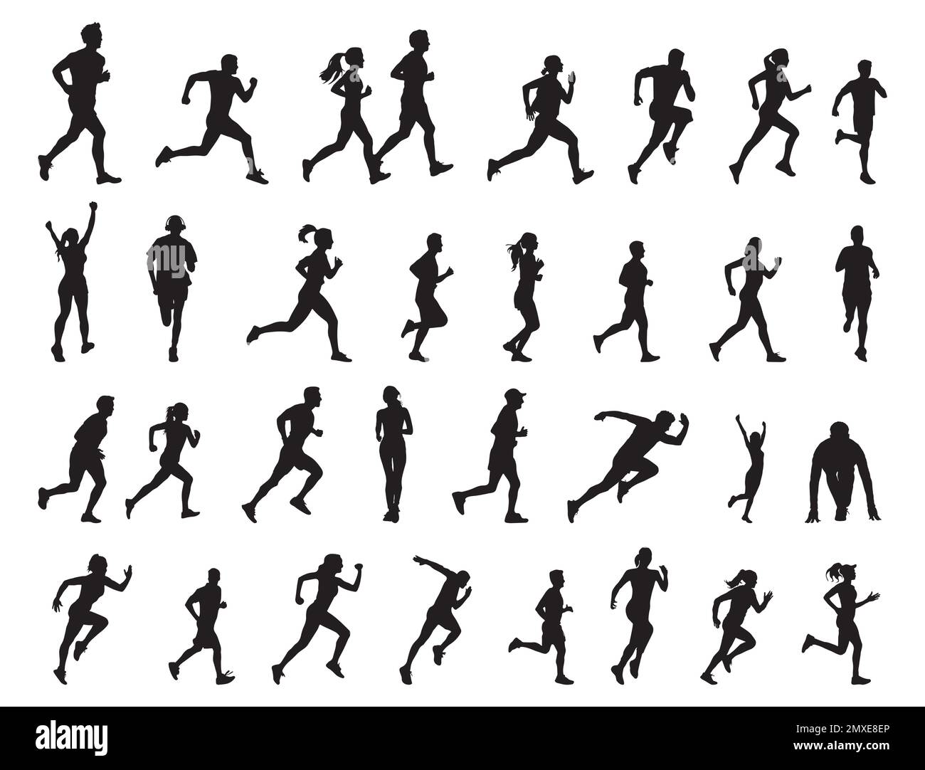 Collezione running people silhouettes, running man and woman silhouettes Illustrazione Vettoriale