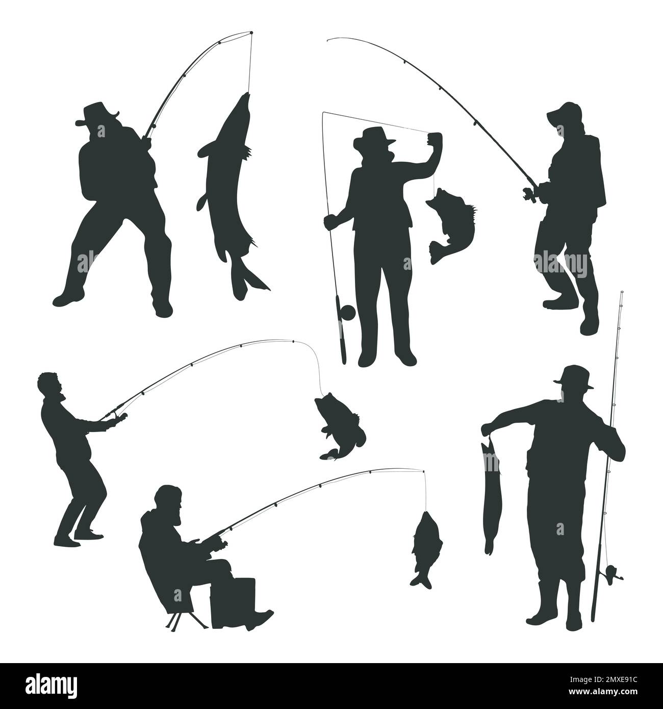 Set di silhouette uomo da pesca Illustrazione Vettoriale