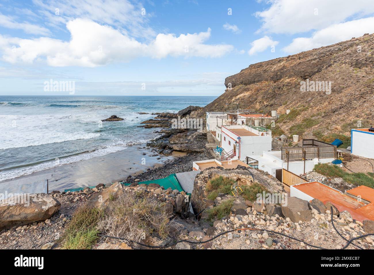 Vista di el Puertito de los Molinos sulla costa occidentale dell'isola di Fuertventura. Foto Stock