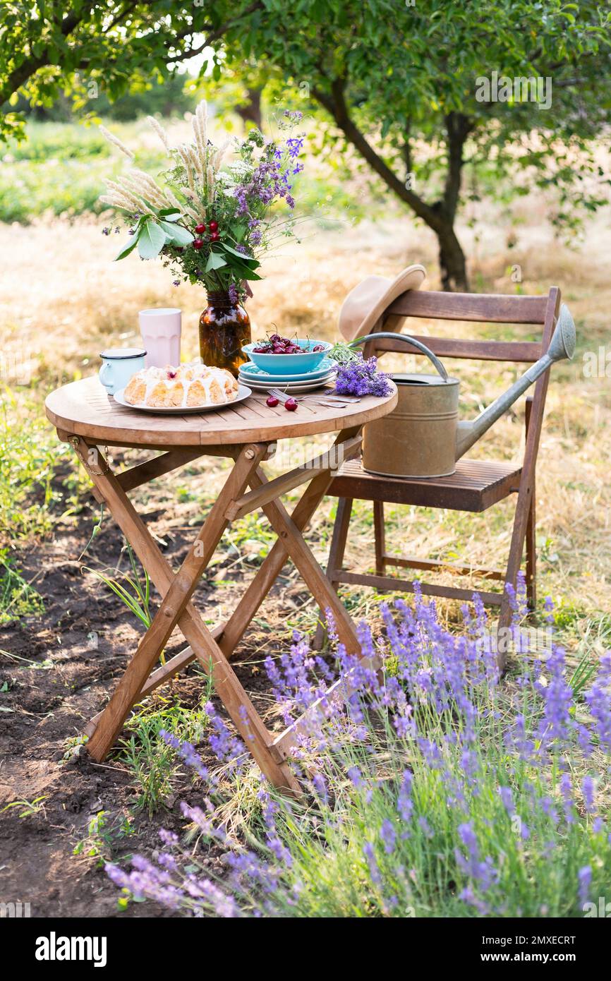 giardino e festa del tè in stile country. natura morta - сherry torta, tazze, piatti e un vaso con fiori selvatici. annaffiatoio, lavanda e stivali di gomma Foto Stock