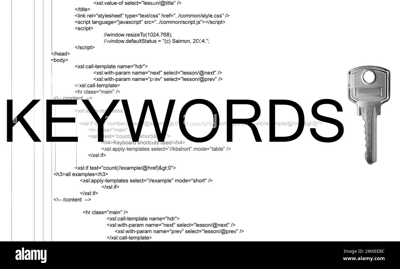 Parole chiave, chiave e codice digitale su sfondo bianco. Direzione SEO Foto Stock