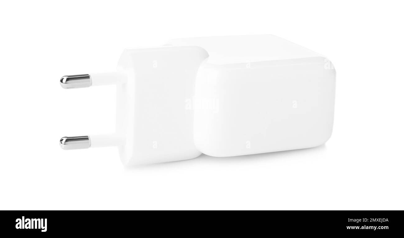 Adattatore di alimentazione USB per la ricarica della batteria isolato su bianco Foto Stock