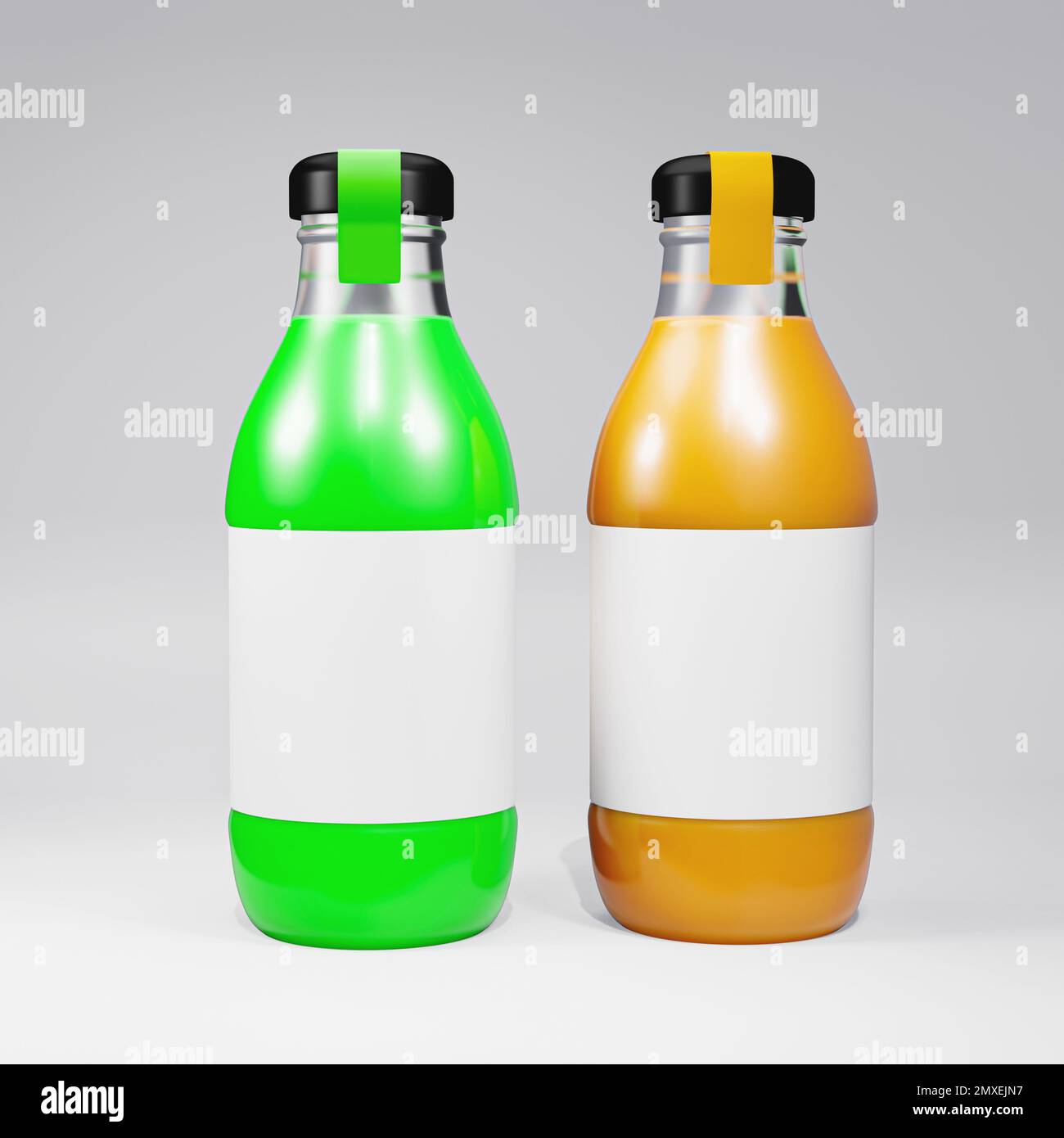 bottiglia di vetro di succo 3d che rende immagine vista frontale, vi è due bottiglie di vetro di colore arancione e verde Foto Stock