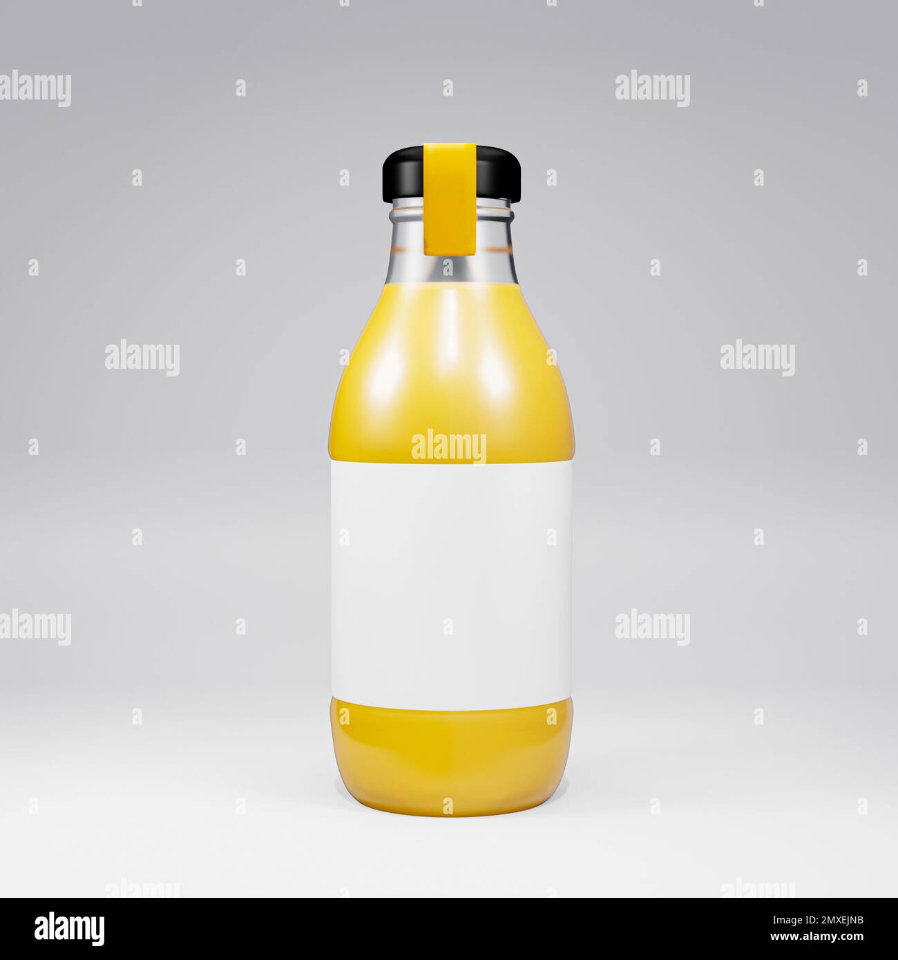 Immagine di rendering 3D della bottiglia di vetro giallo succo Foto Stock