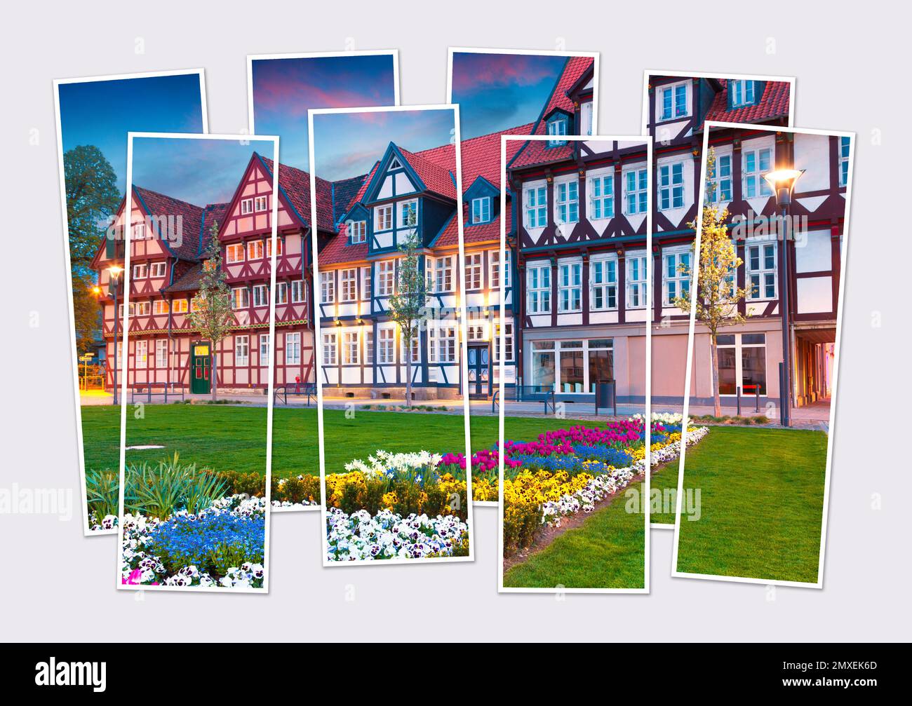 Isolato otto cornici collage di foto del villaggio Wolfenbuttel. Facciata di autentiche case fahverk, Germania, Europa. Simulazione di foto modulari. Foto Stock