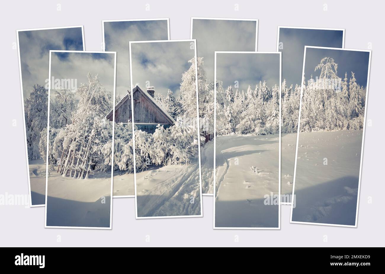 Isolato otto cornici collage di foto della scena invernale di villaggio di montagna dopo forte nevicata, alberi coperti e case. Splendida vista mattutina Foto Stock