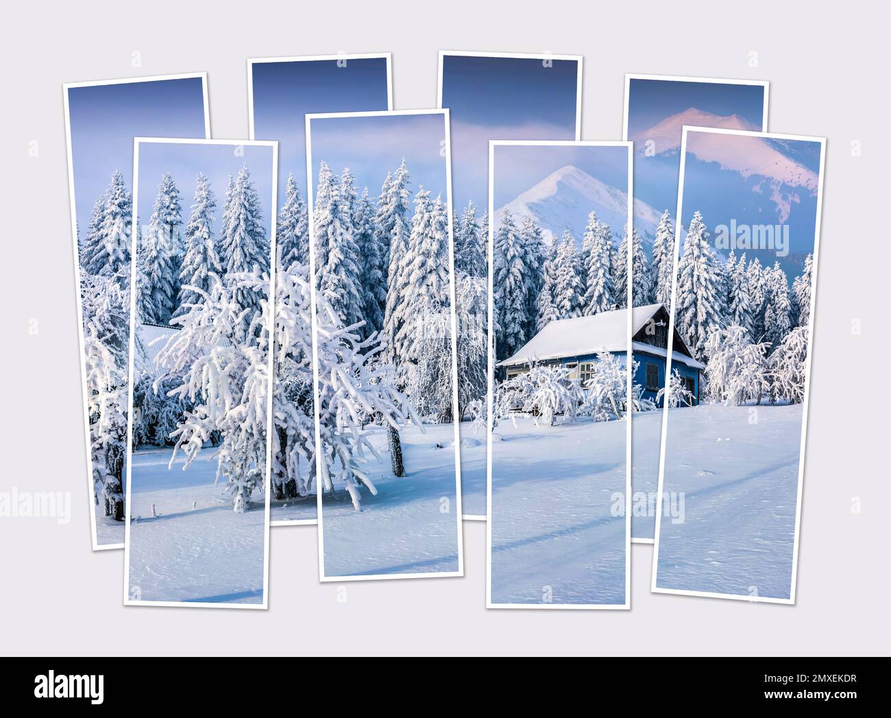 Isolato otto cornici collage di foto della scena invernale dopo la nevicata pesante. Un'alba fantastica nel villaggio dei Carpazi. Simulazione di foto modulari. Foto Stock