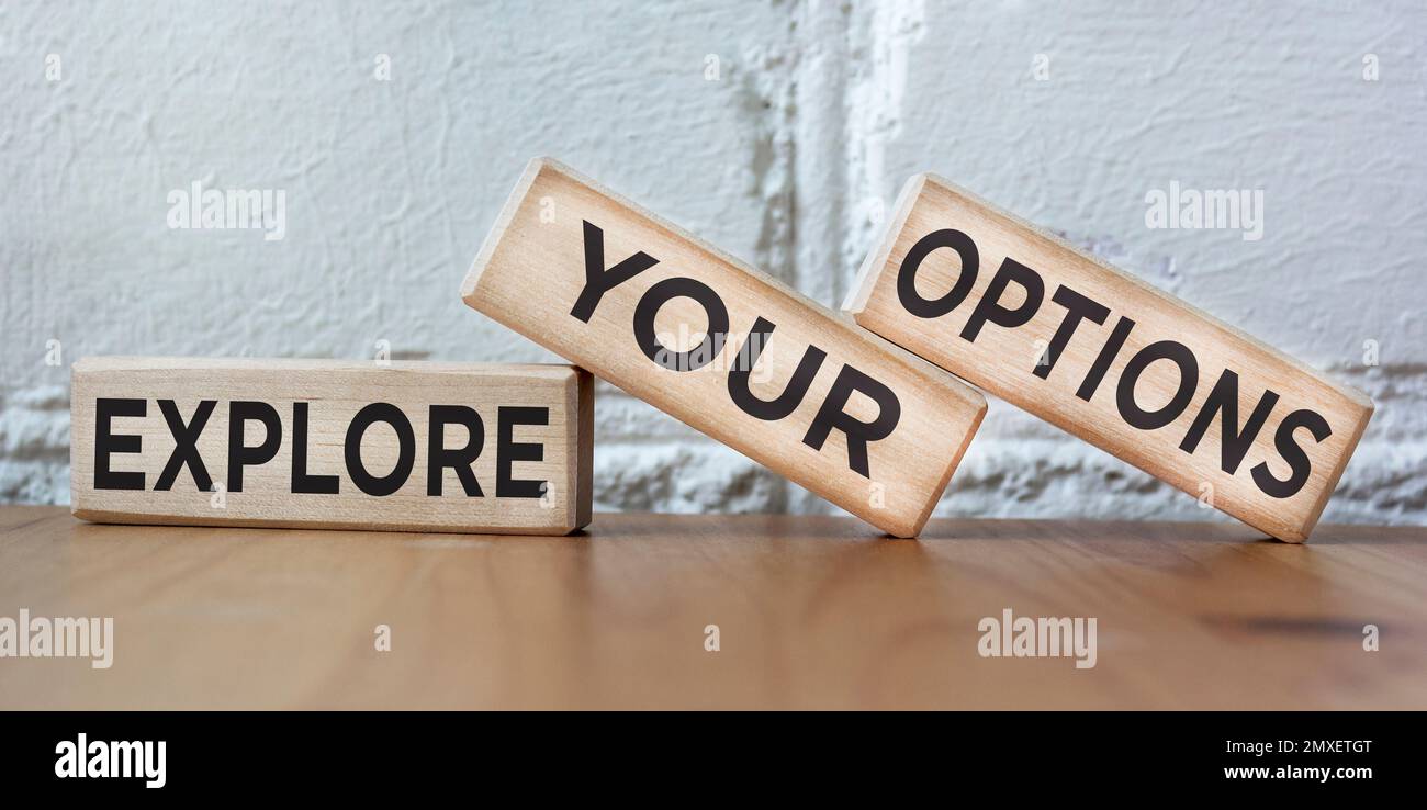 Blocchi di legno con parole "Esplora le opzioni". Foto Stock