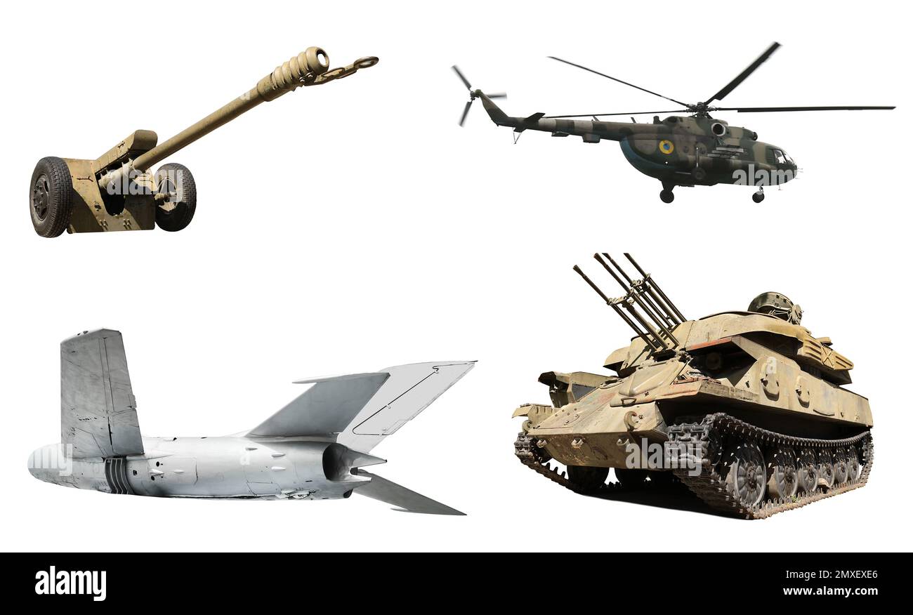 Set di diversi macchinari militari su sfondo bianco Foto Stock