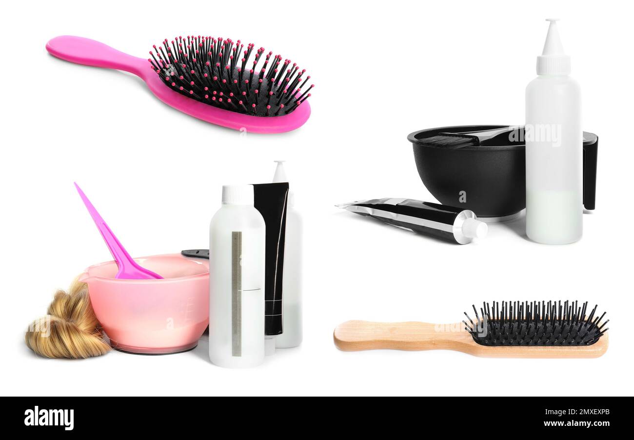 Set con diversi accessori per parrucchieri su sfondo bianco Foto stock -  Alamy