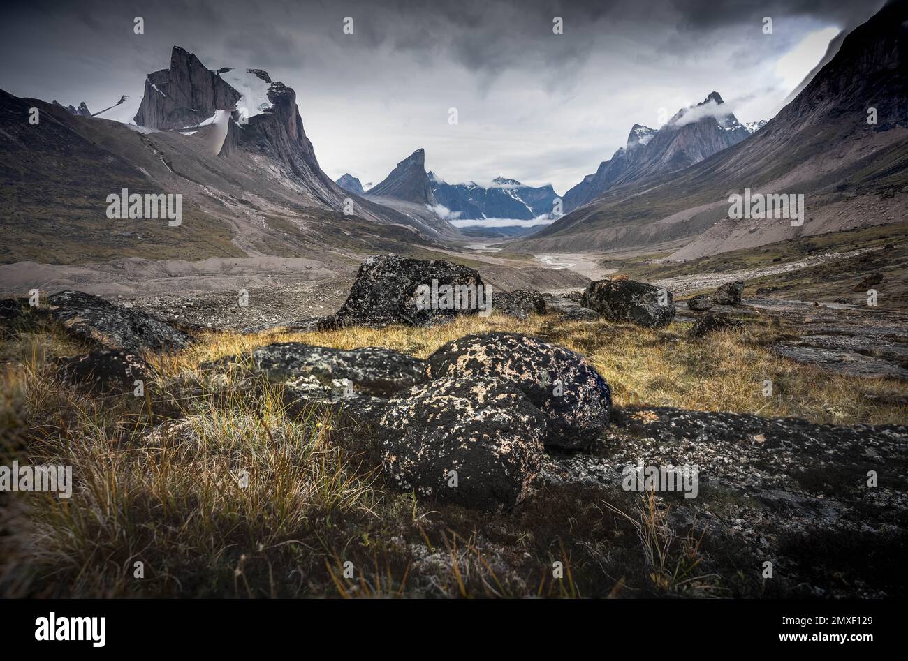Il fiume Wild Weasel si snoda attraverso la remota valle artica di Akshayuk Pass, Baffin Island, Canada in una giornata nuvolosa. Suggestivo paesaggio artico con il Monte Breid Foto Stock