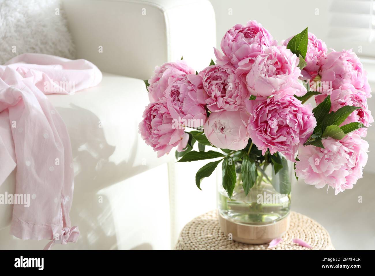 Bouquet di belle peonie in pouf al coperto. Spazio per il testo Foto Stock