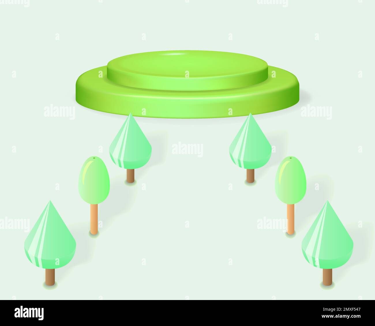 Round due livello 3D fase e fila di alberi. Podio cilindro verde sulla stagione estiva o primaverile paesaggio naturale scena sfondo per la presentazione, spettacolo p Illustrazione Vettoriale