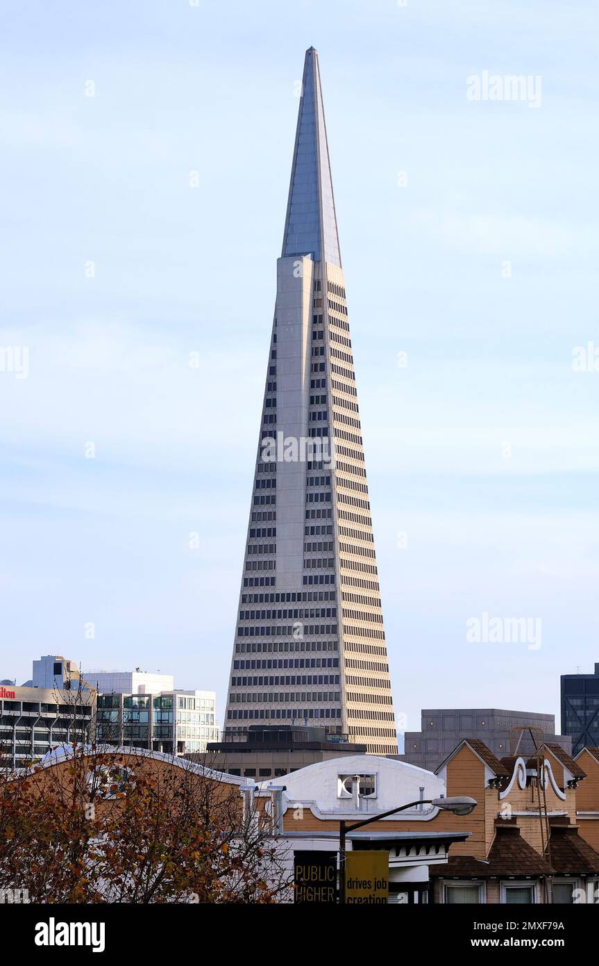 Transamerica Pyramid domina lo skyline di SF, una meraviglia moderna di design elegante e capacità aziendale nel cuore del vivace centro cittadino della città Foto Stock