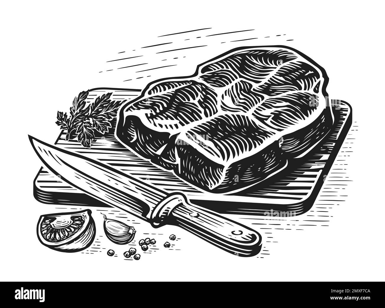 Carne cruda e coltello su tagliere di legno. Grigliate, bistecca di manzo, disegno con incisione di filetto Foto Stock