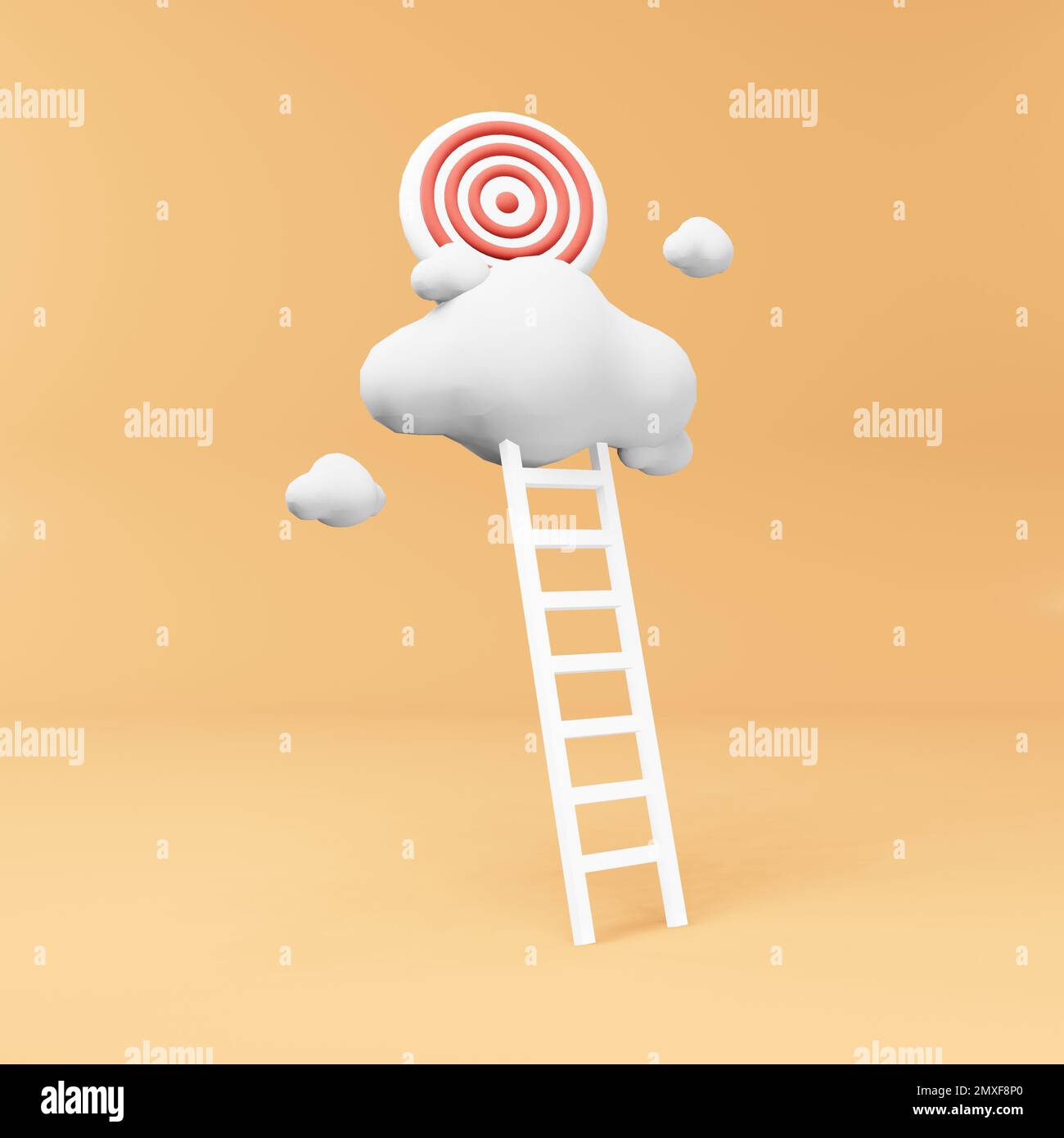 Concetto di successo e crescita. 3d illustrazione della scala alla nuvola e del bersaglio circolare rosso. Foto Stock