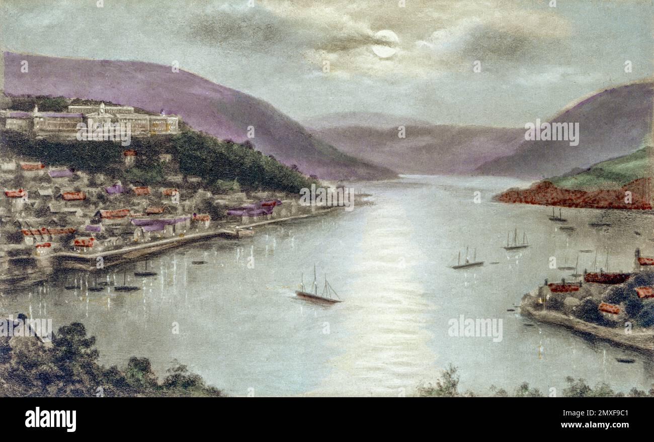 Una riproduzione a colori di Harbour Mouth, Dartmouth, Devon UK scansionata ad alta risoluzione da un opuscolo stampato all'inizio del 20th° secolo. Foto Stock