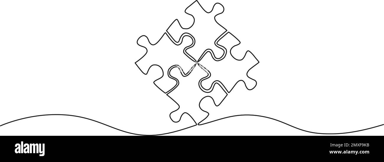 disegno continuo a linea singola di quattro pezzi di puzzle che si uniscono, illustrazione vettoriale di line art Illustrazione Vettoriale