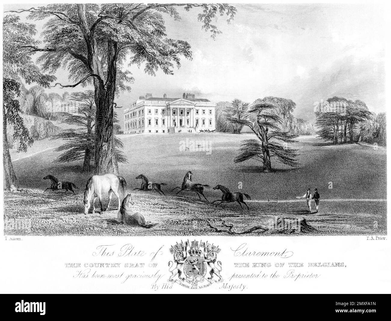 Un'incisione di Claremont, la sede del Paese del Re dei Belgi, Esher, Surrey UK, scansionata ad alta risoluzione da un libro stampato nel 1850. Questo Foto Stock