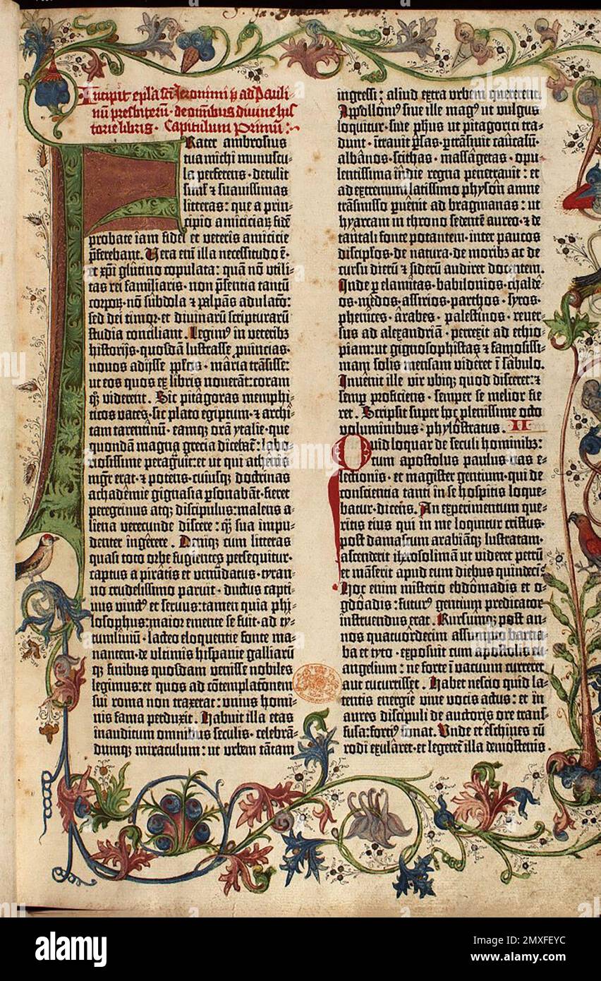 La Bibbia di Gutenberg. Epistola di Gerolamo a Paulinus, pagina campione della Bibbia di Gutenberg di Johannes Gutenberg, dalla British Library Foto Stock